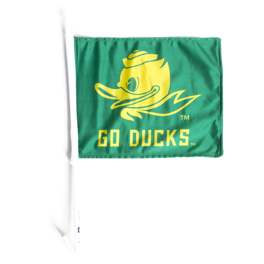 Fighting Duck, Logo Brand, Green, Flags & Banners, Home & Auto, 11"x15", with Pole, Go Ducks, Car Flag, 763078